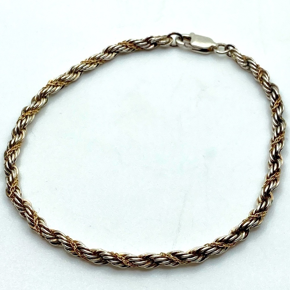 Vtg Sterling Silver & Gold Tone Middle Rope Twist Bracelet Chain 7” - 3mm